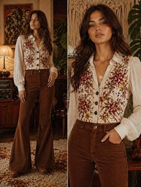 Vimtage 1980's Embroidered Floral Button-Front Vest Blouse in Cream & Brown